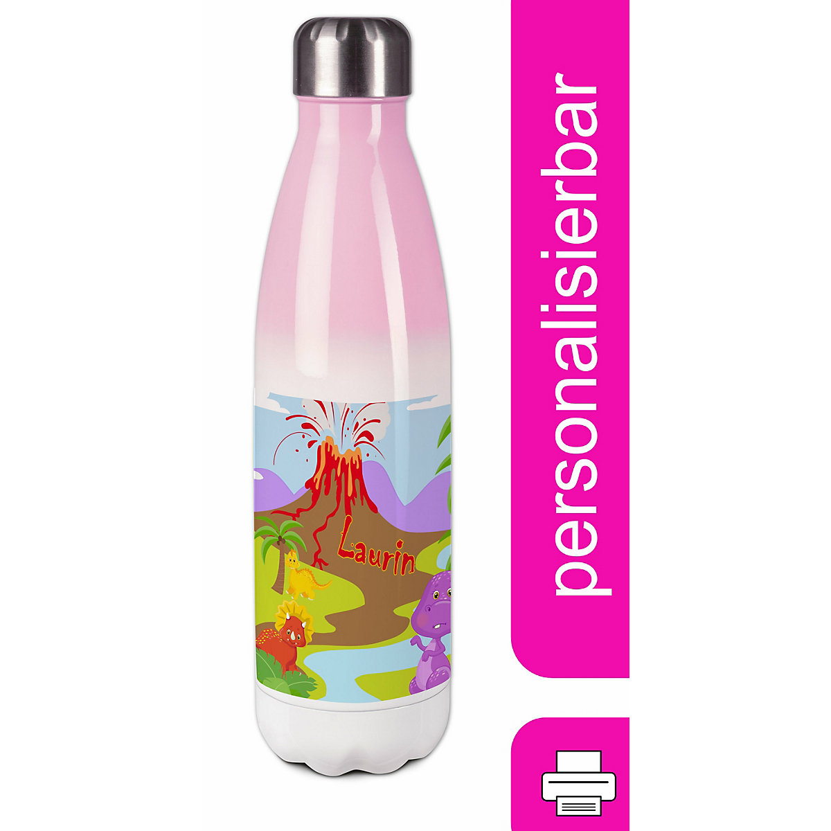 Edelstahl Kinder Thermoflasche / Trinkflasche bunt Dino Spülmaschinenfest, Auslaufsicher, Bruchfest, Doppelwandig, Für Heißgetränke geeignet, Mit Deckel, Isoliert