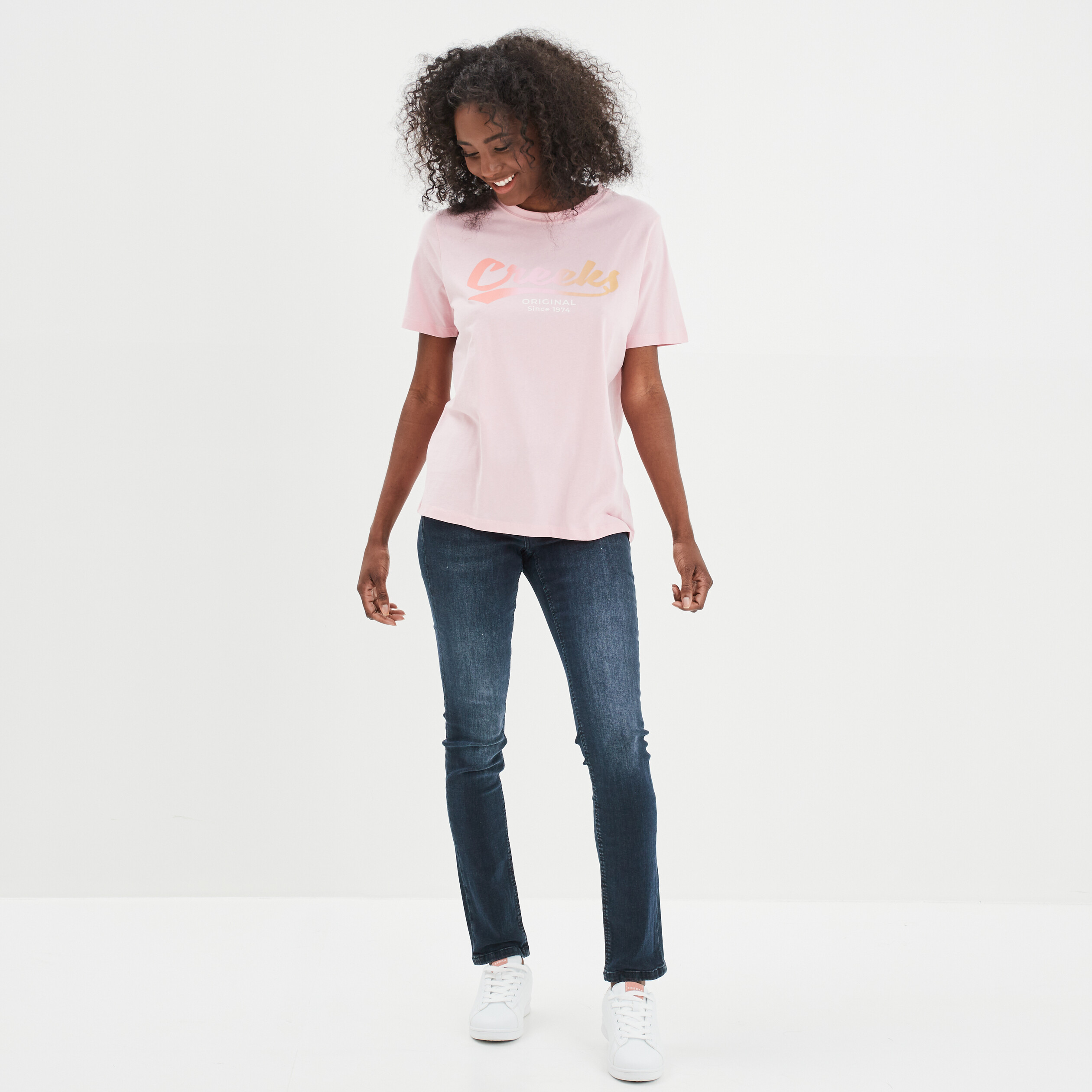 T-shirt oversize col rond coton Creeks rose clair femme | La Halle