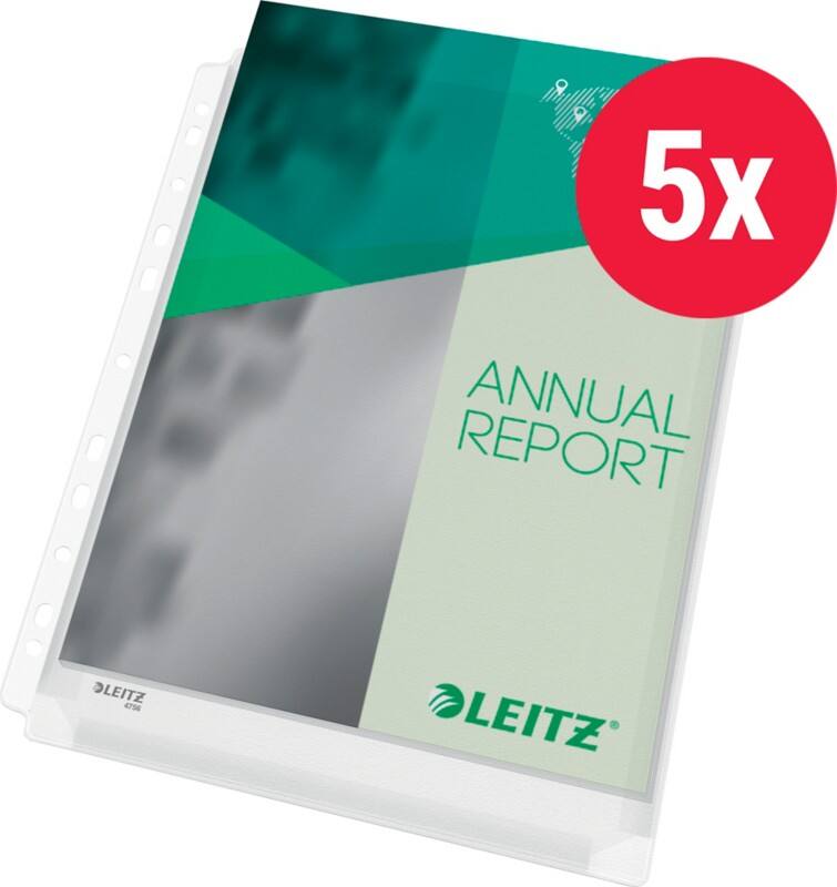 Leitz Premium Prospekthüllen DIN A4 Genarbt Transparent 170 Mikron PVC (Polyvinylchlorid) Oben 11 Löcher 47563003 5 Stück