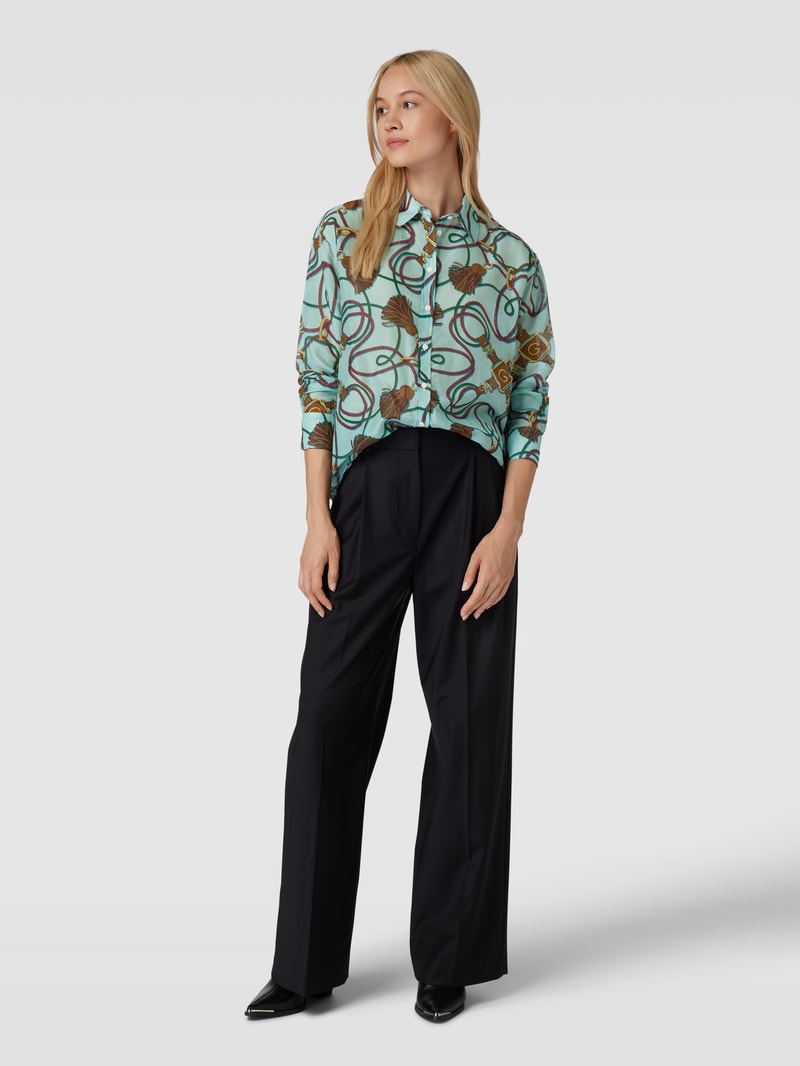 Bluse aus Baumwoll-Seide-Mix mit Allover-Muster in aqua blau