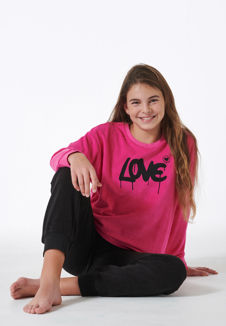 Schlafanzig lang Frottee Bündchen Love pink - Nightwear