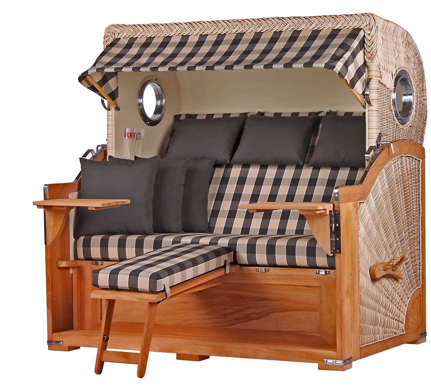 bene living Strandkorb Königssee 3-Sitzer Teak - PE shell - Modell 505, BxTxH: 170x95x170 cm, Volllieger ca. 175 Grad, Ostsee-Strandkorb, inkl. Liftersystem und Bullaugen