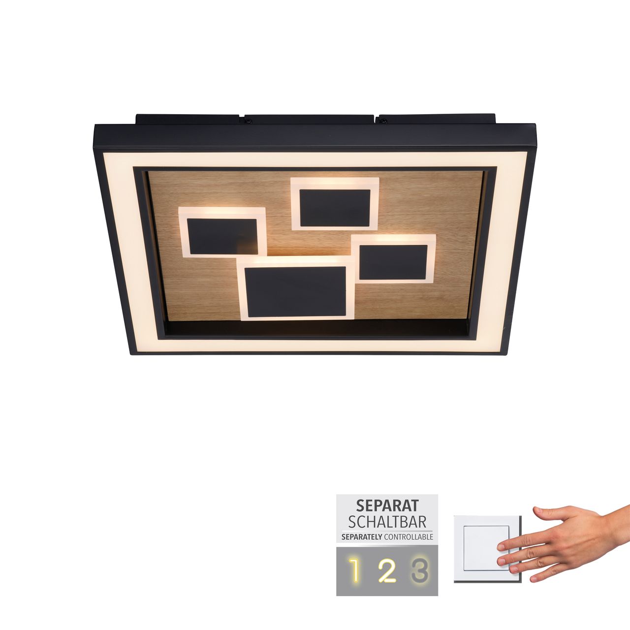 Paul Neuhaus LED Deckenleuchte ELIZA, Serienschalter, 3000 Kelvin, quatratisch, Holz-natur