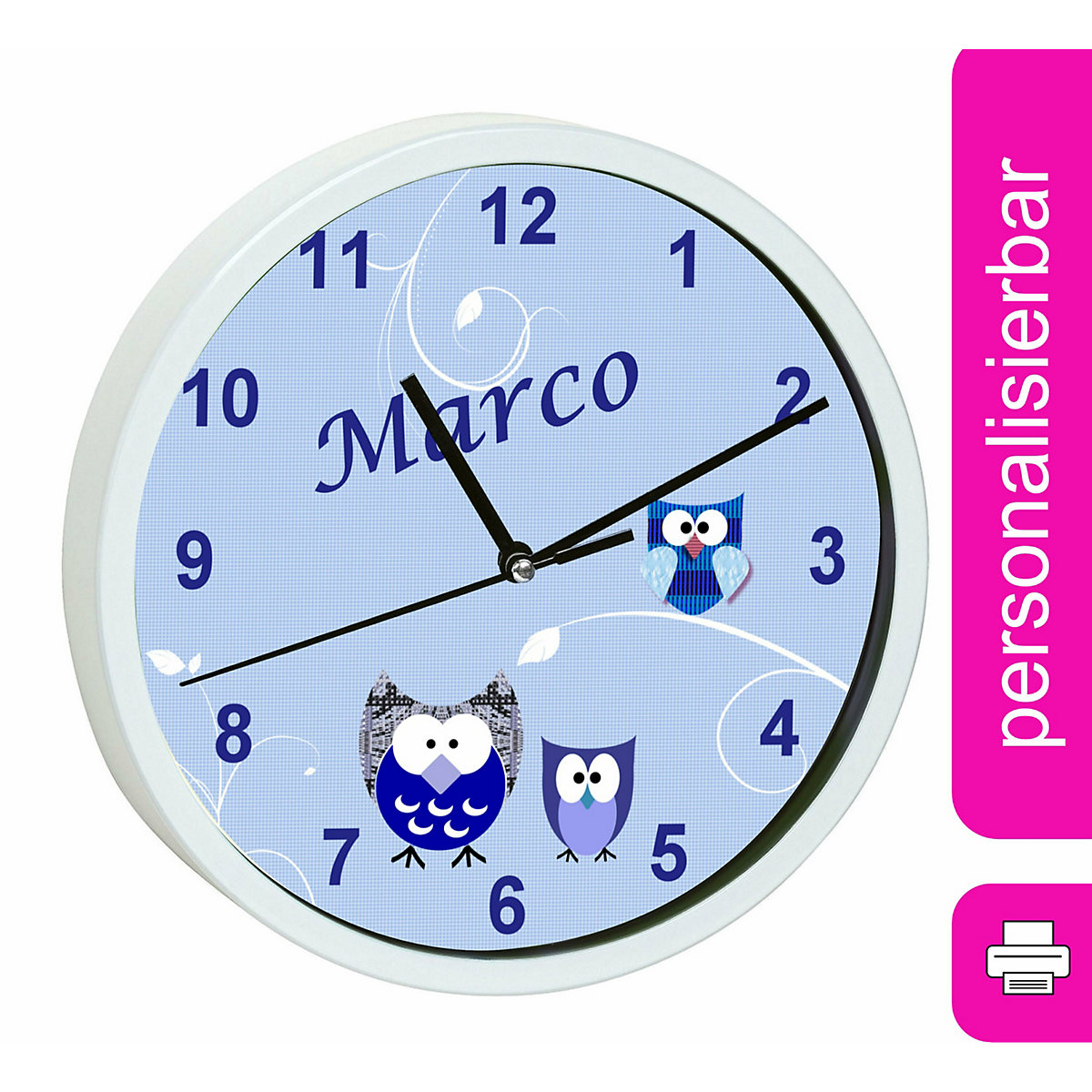 Kinder Wanduhr personalisiert mit Name Eule Blau