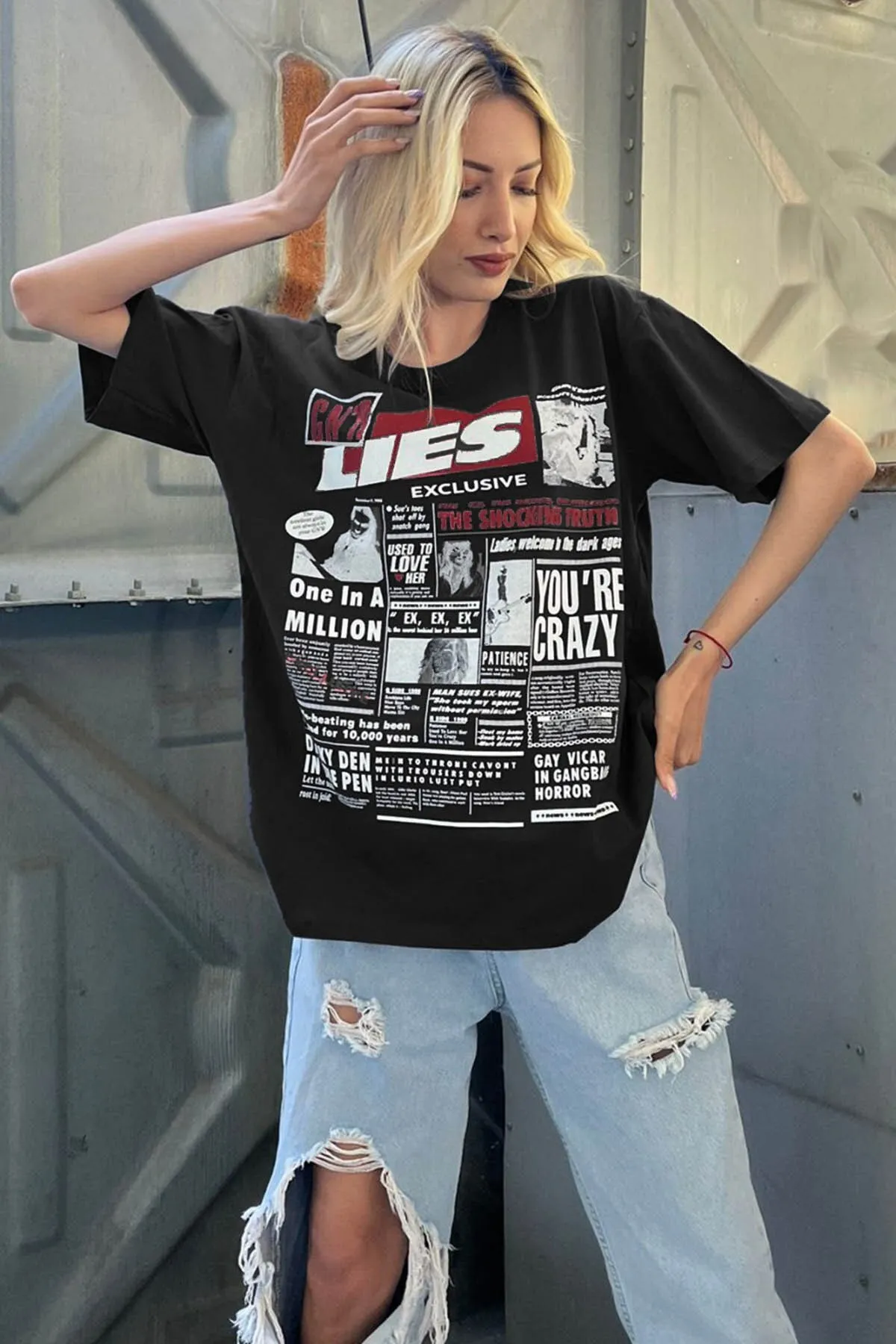 Madmext  Schwarzes, hinten bedrucktes Over-Fit-Damen-T-Shirt Mg1506