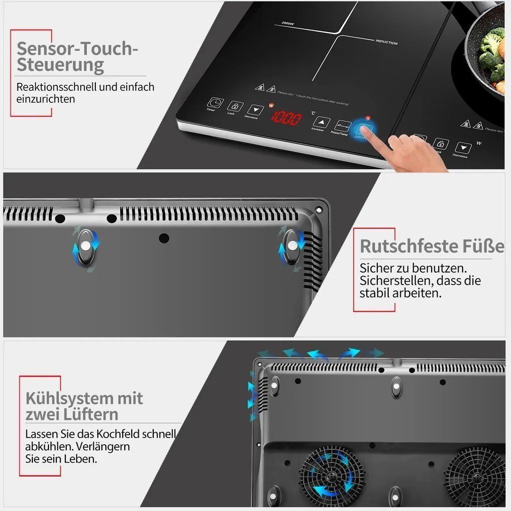 Ulife Doppel-Induktionskochplatte AMZCHEF 1500W+2000W, 10 Temperaturstufen, 58 x 36 x 6,8 cm