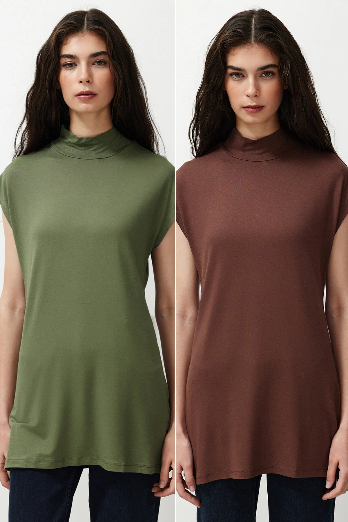 Trendyol Modest  Braun-Khaki 2er-Pack ärmellose Unterwäsche-Liner-Tunika mit Stehkragen TCTSS21UK0033