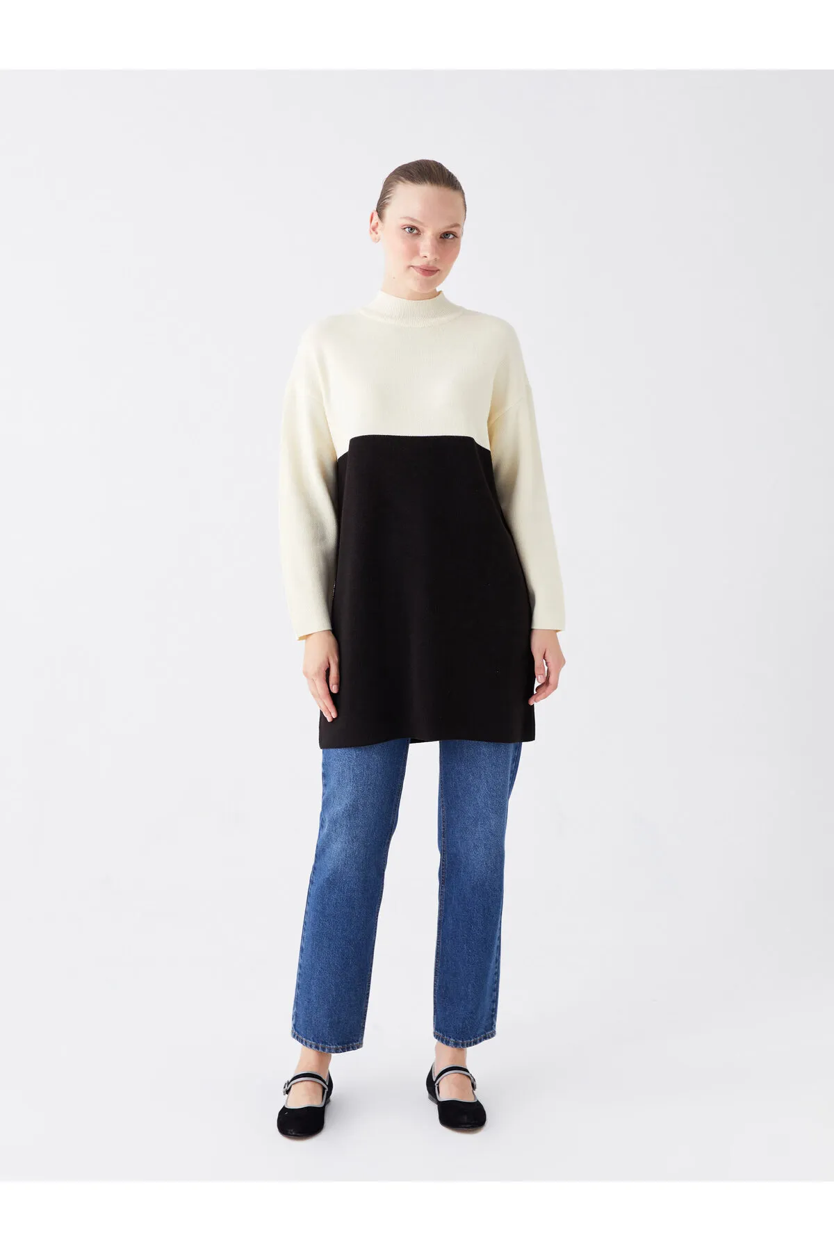 LC Waikiki  Langärmlige Oversize-Stricktunika mit halbem Rollkragen und Farbblockierung für Damen