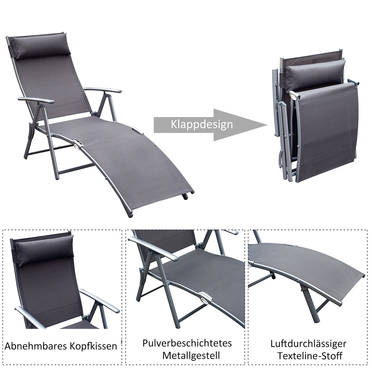 Outsunny Sonnenliege Liegestuhl Gartenliege 7 Positionen verstellbar Grau