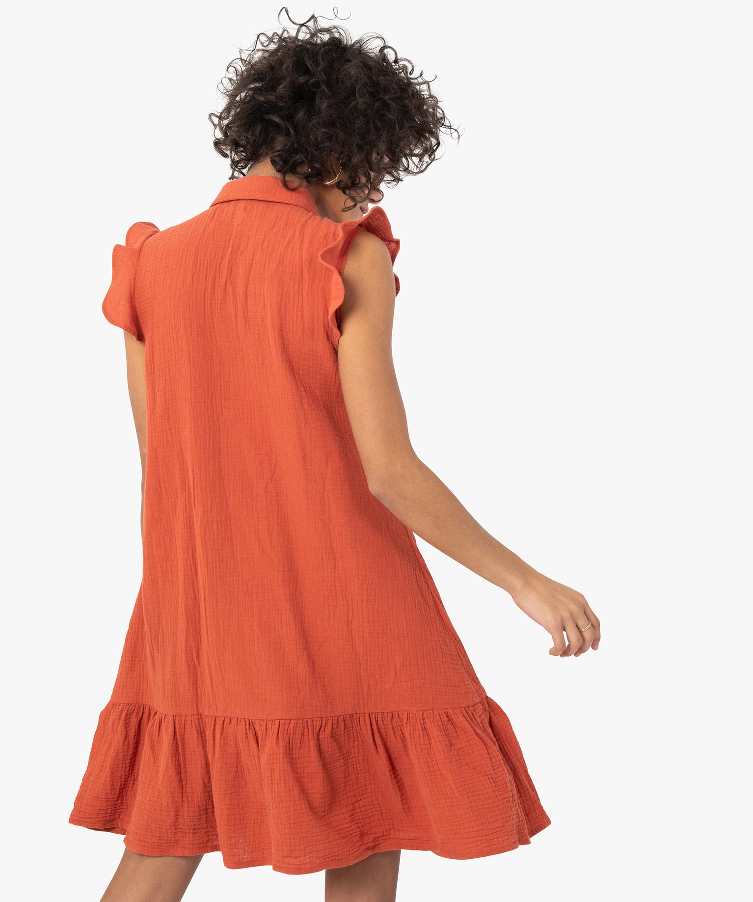Robe femme en gaze de coton à col chemise orange clair | GEMO