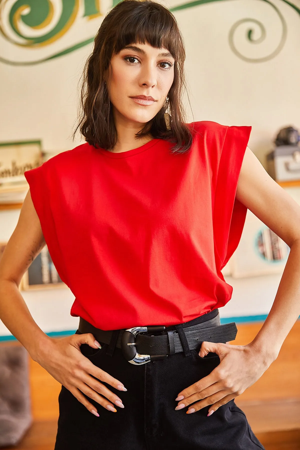 Olalook  Rotes Achselstück-Fledermaus-T-Shirt für Damen TSH-19000330