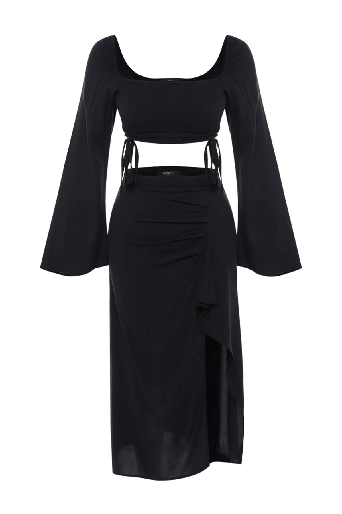 Trendyol Collection  Schwarzes gewebtes, gerafftes Blusenrock-Set TBESS23AU00065