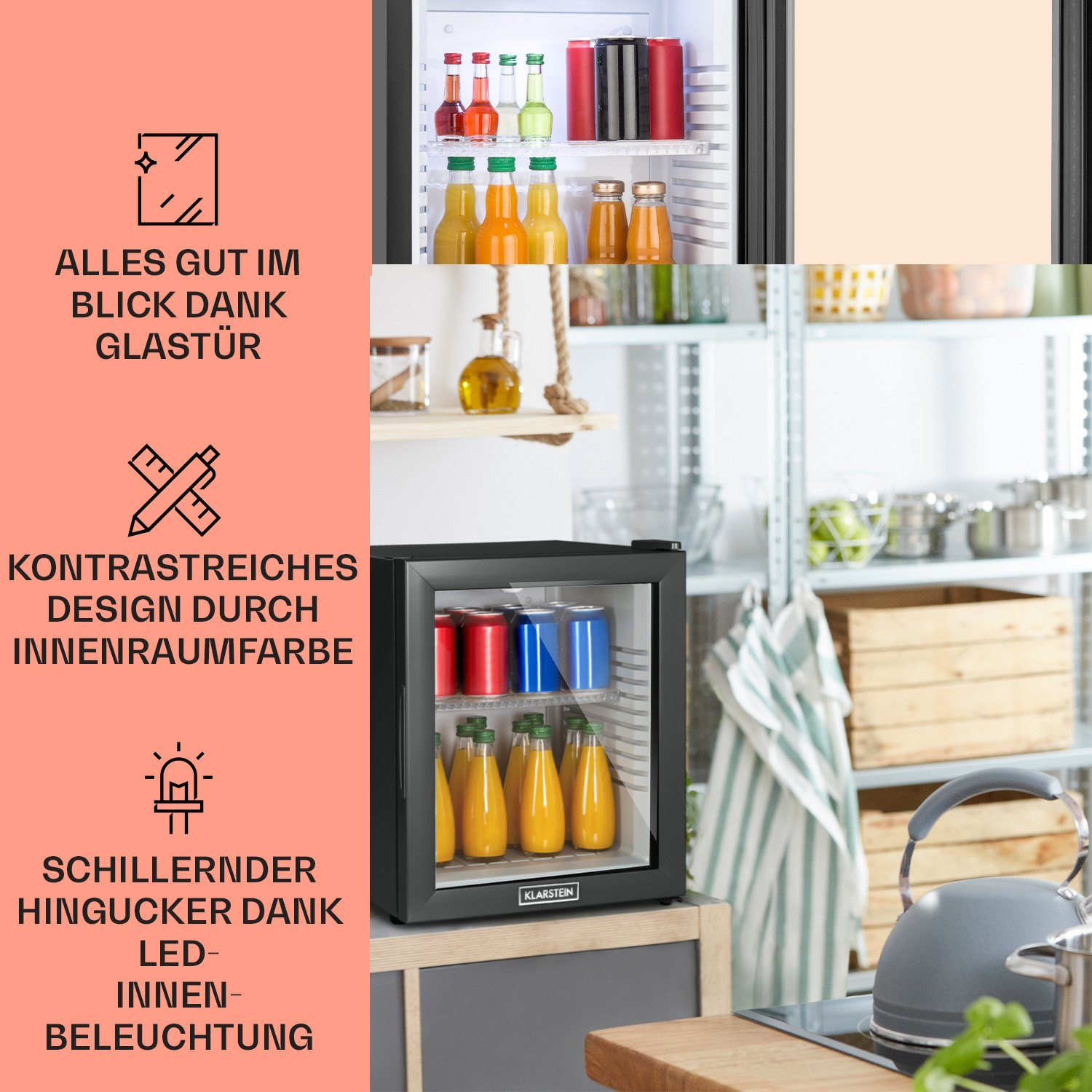 Klarstein Table Top Kühlschrank HEA-MKS-13 10005440A, 47 cm hoch, 38 cm breit, Hausbar Minikühlschrank ohne Gefrierfach Glastür klein Kühlschrank