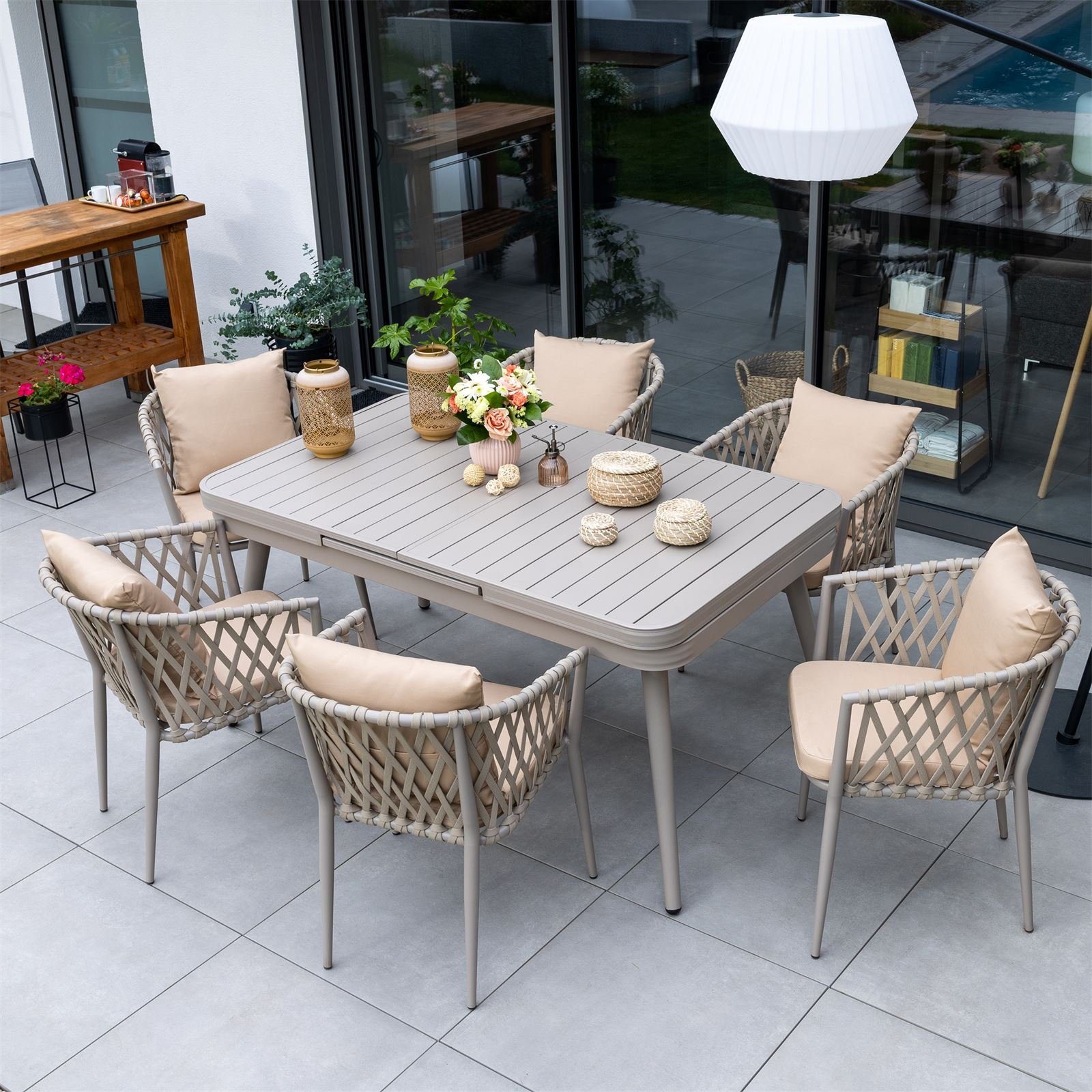 IDIMEX Gartenlounge-Set SUNNY, Gartenmöbel Set champagner/beige 1 Esstisch ausziehbar und 6 Stühle mi