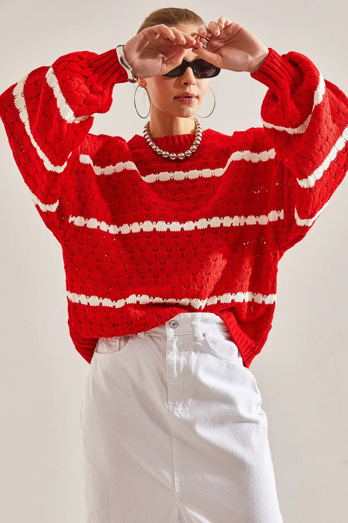 Bianco Lucci  Gestreifter Wabenstrickpullover mit Ballonärmeln für Damen