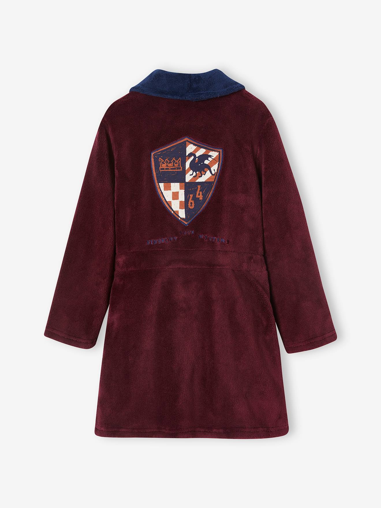 Robe de chambre en maille polaire blason garçon bordeaux