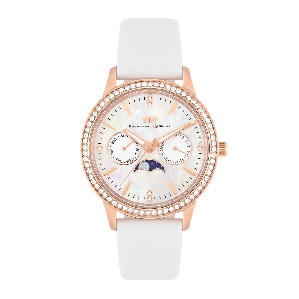 Rhodenwald & Söhne Multifonctions Amidala Or rose Cuir véritable en Blanc Montre
