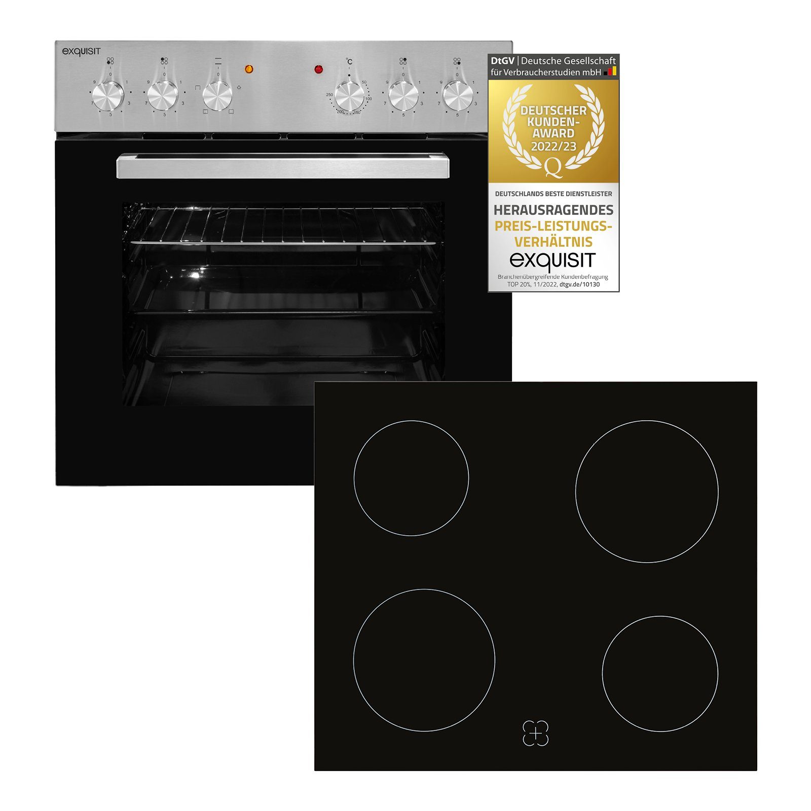 exquisit Backofen-Set EHE 146-2.1-Set, Glaskeramik-Kochfeld, 4 Kochzonen, 59 L
