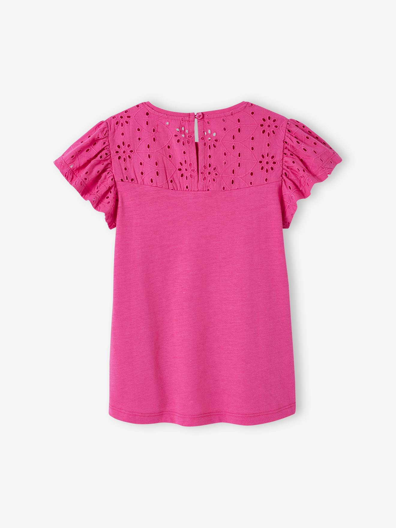 Vertbaudet Mädchen T-Shirt mit Volantärmeln und Lochstickerei Oeko-Tex - dunkelrosa