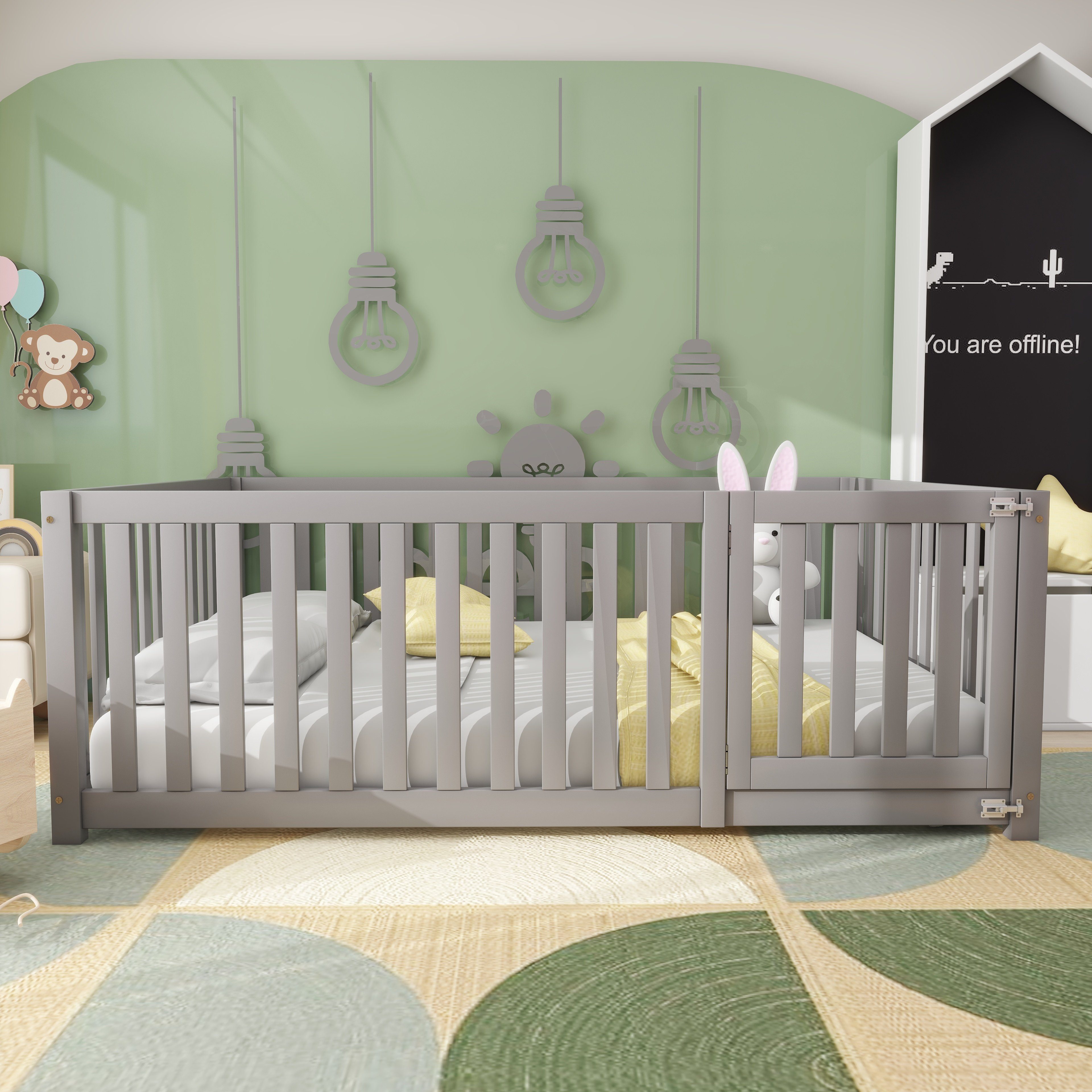 WISHDOR Kinderbett Jugendbett Massivholzbett Einzelbett (140X200cm ohne Matratze), mit Zaun und Tür, Robuster, langlebiger und sicherer Bettrahmen