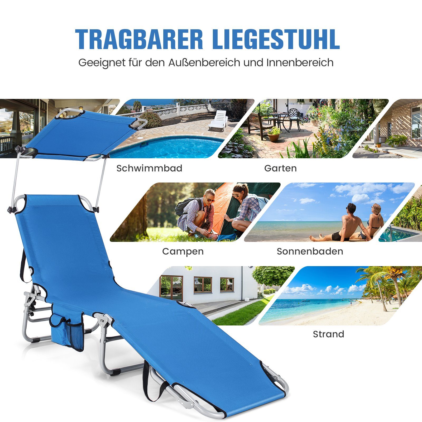 COSTWAY Gartenliege Sonnenliege, mit 5 verstellbaren Rückenlehne & Dach