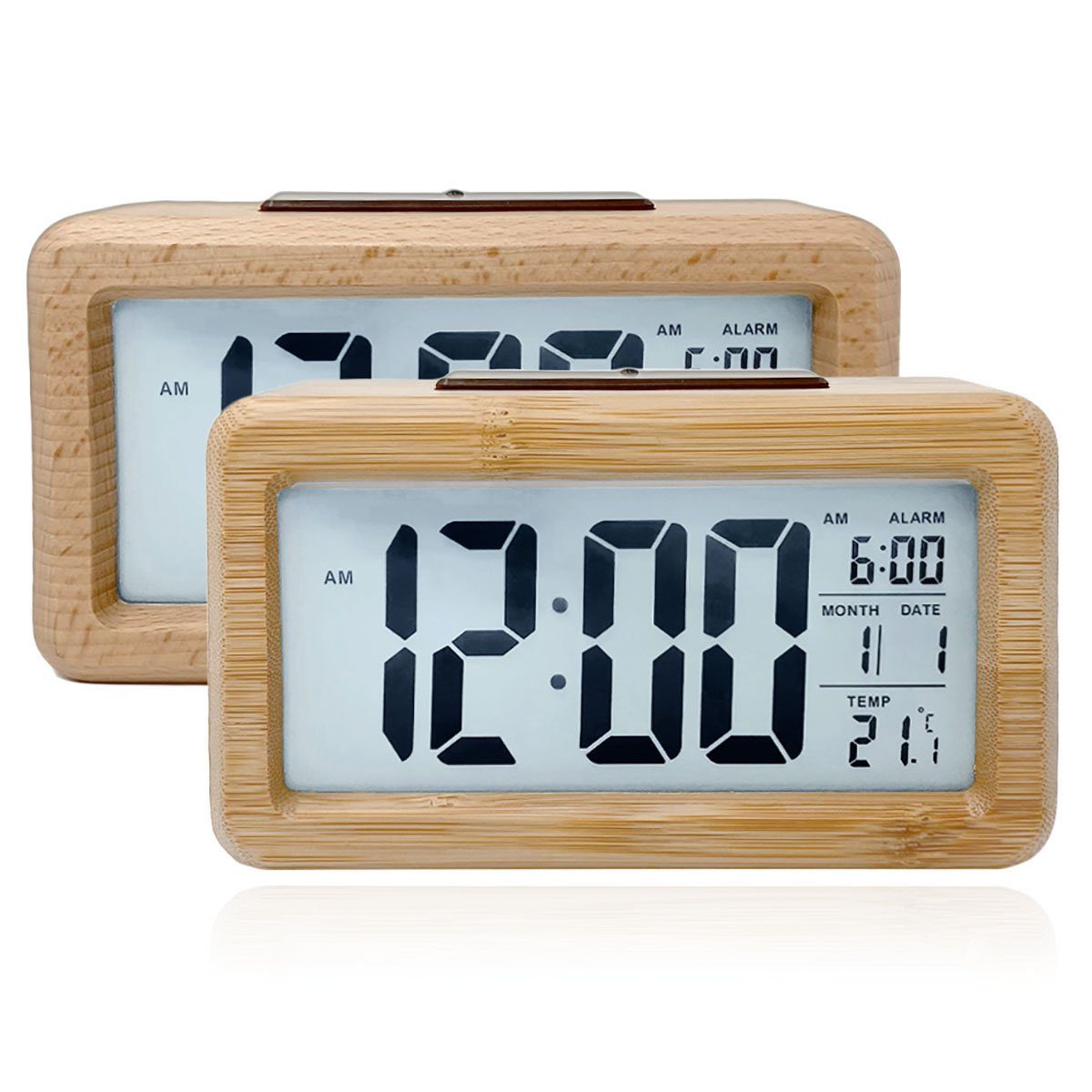 mixed 24 Wecker Wecker in Bambus / Holz Optik mit Lichtsensor und Schlummerfunktion großes Display große Zahlen