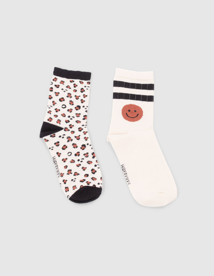 Chaussettes écrues rayures et léopard fille