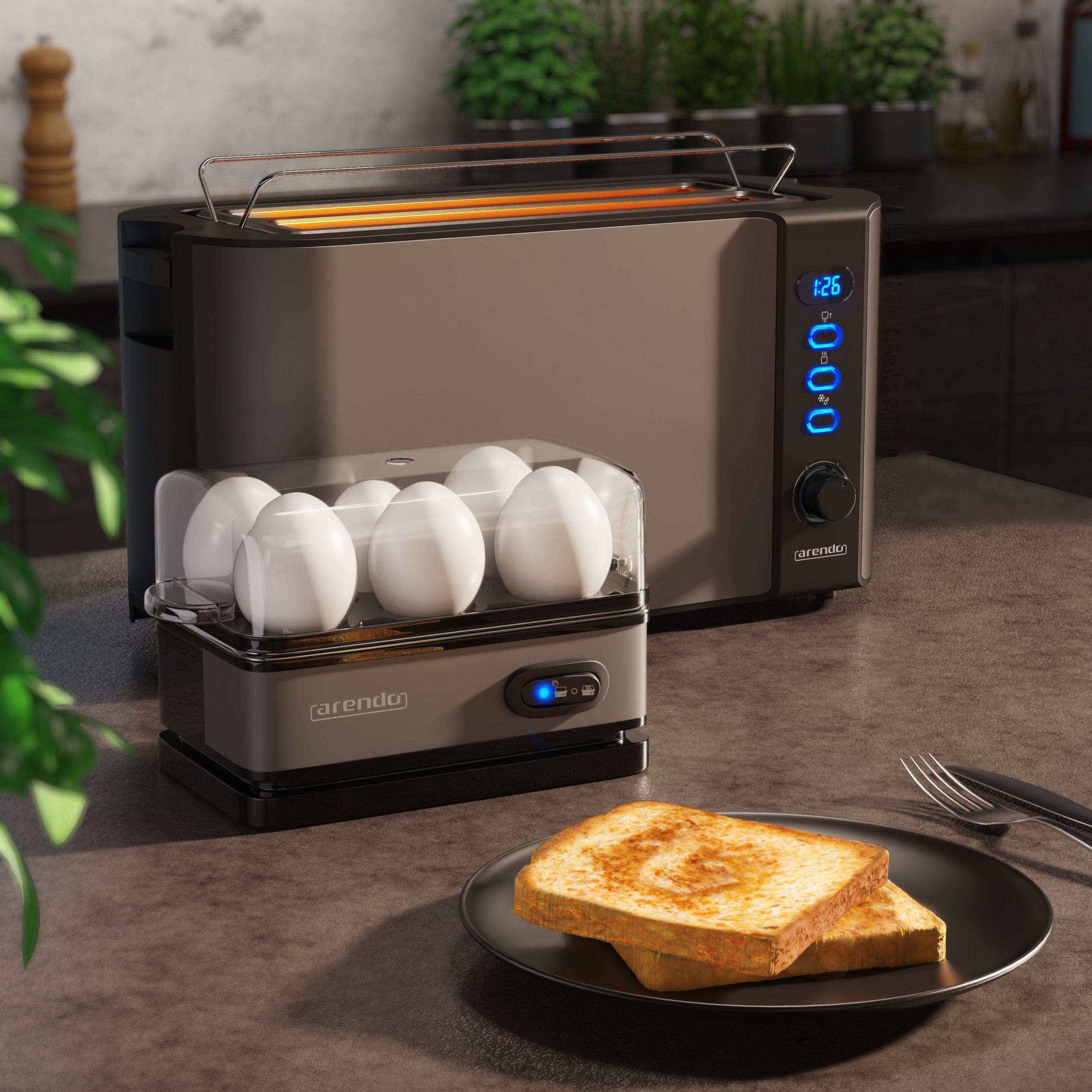 Arendo Frühstücks-Set (2-tlg), 4-Scheiben Langschlitz Toaster, 6er Eierkocher, Grau