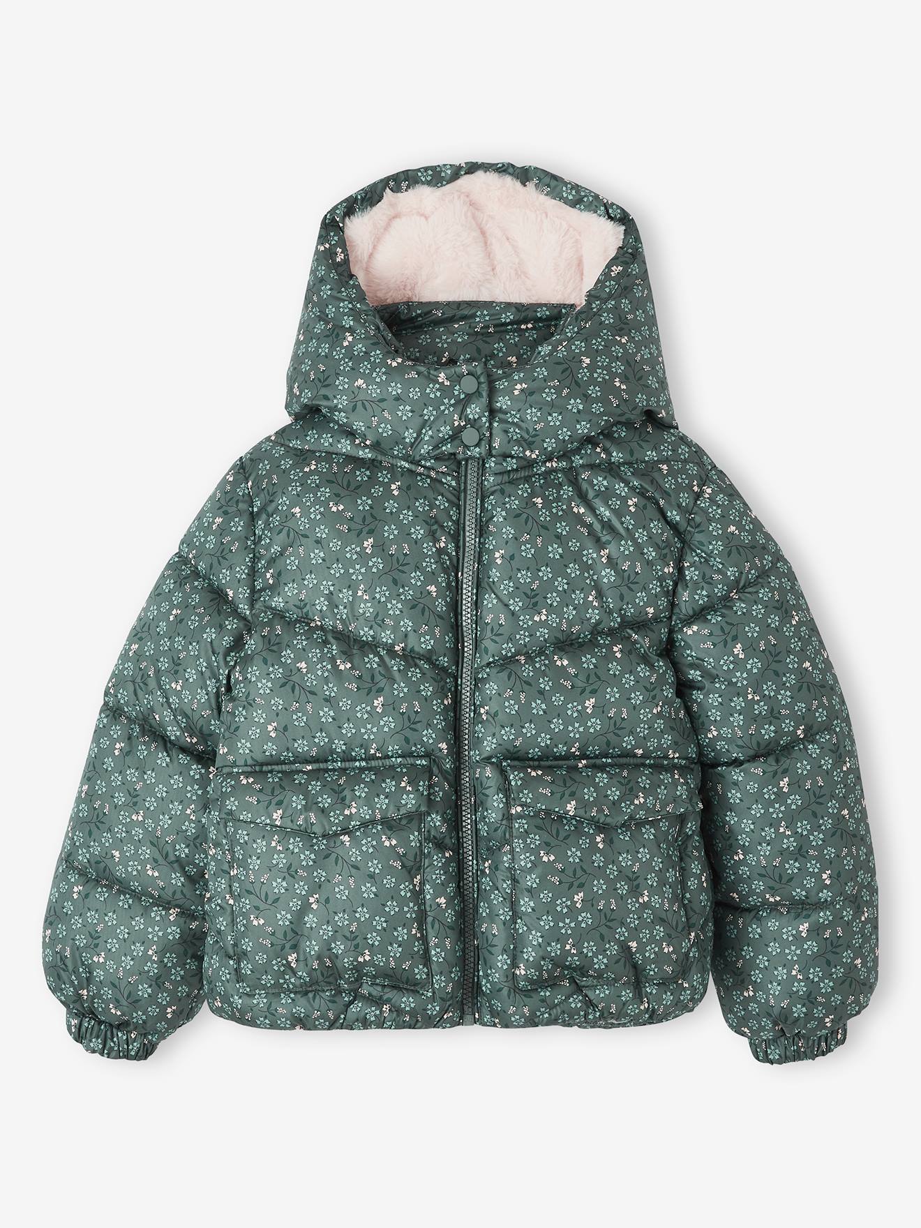 Doudoune à capuche imprimée doublée polaire fille marron imprimé