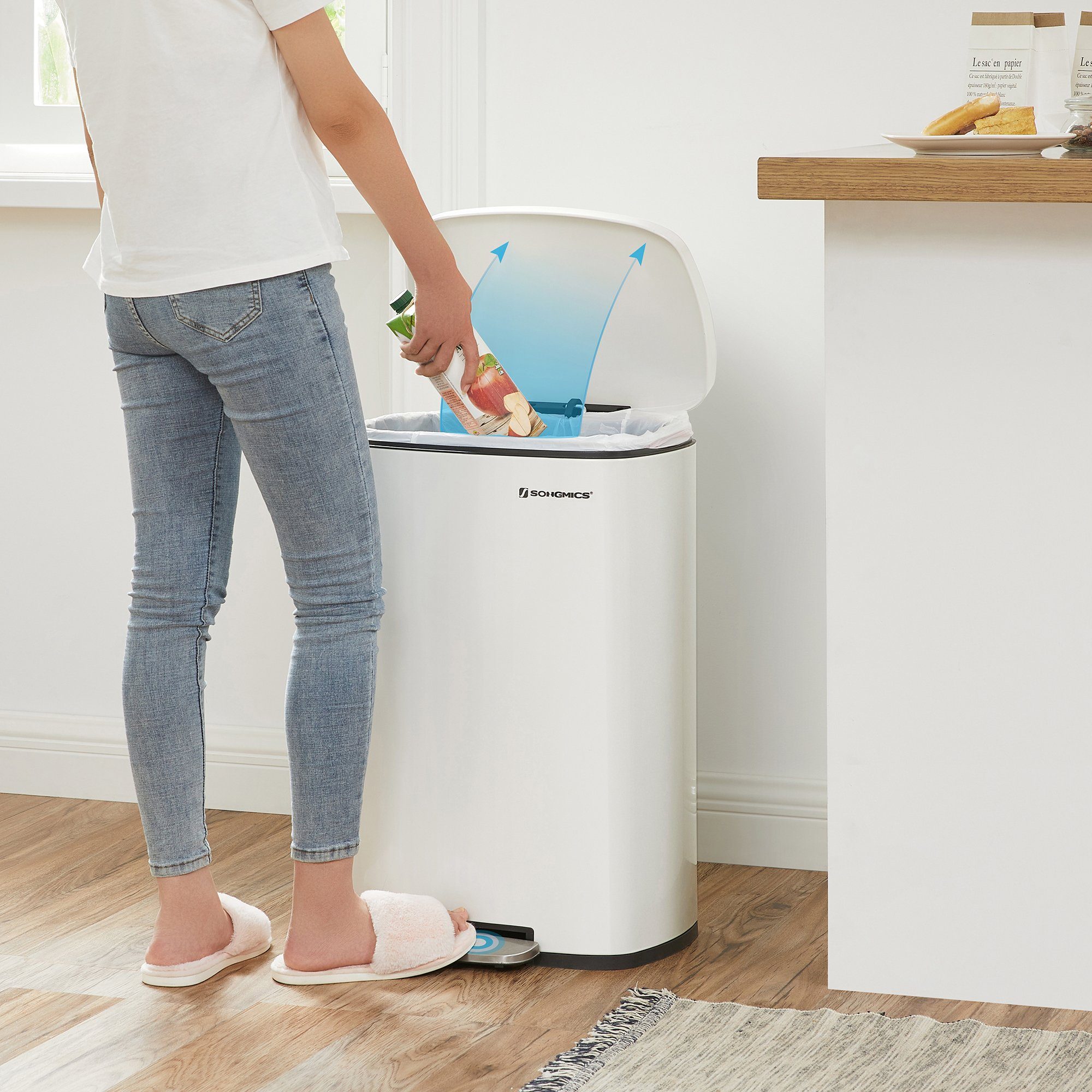 SONGMICS Mülleimer Abfalleimer, 50 L, luftdicht, Küche, silbern,Weiß