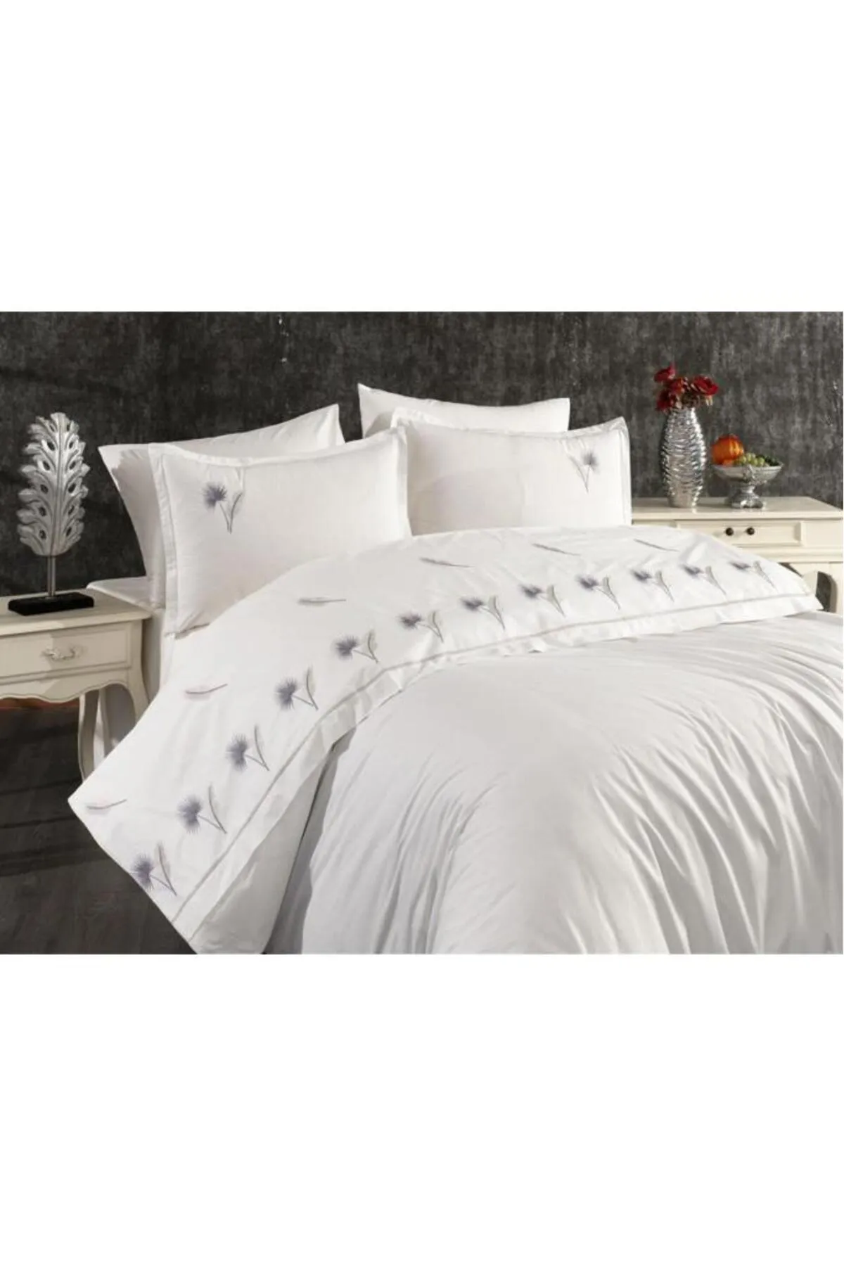 Çeyiz Diyarı  Bettwäsche-Set für Doppelbett, 100 % Baumwolle, mit Palmenstickerei, Grau