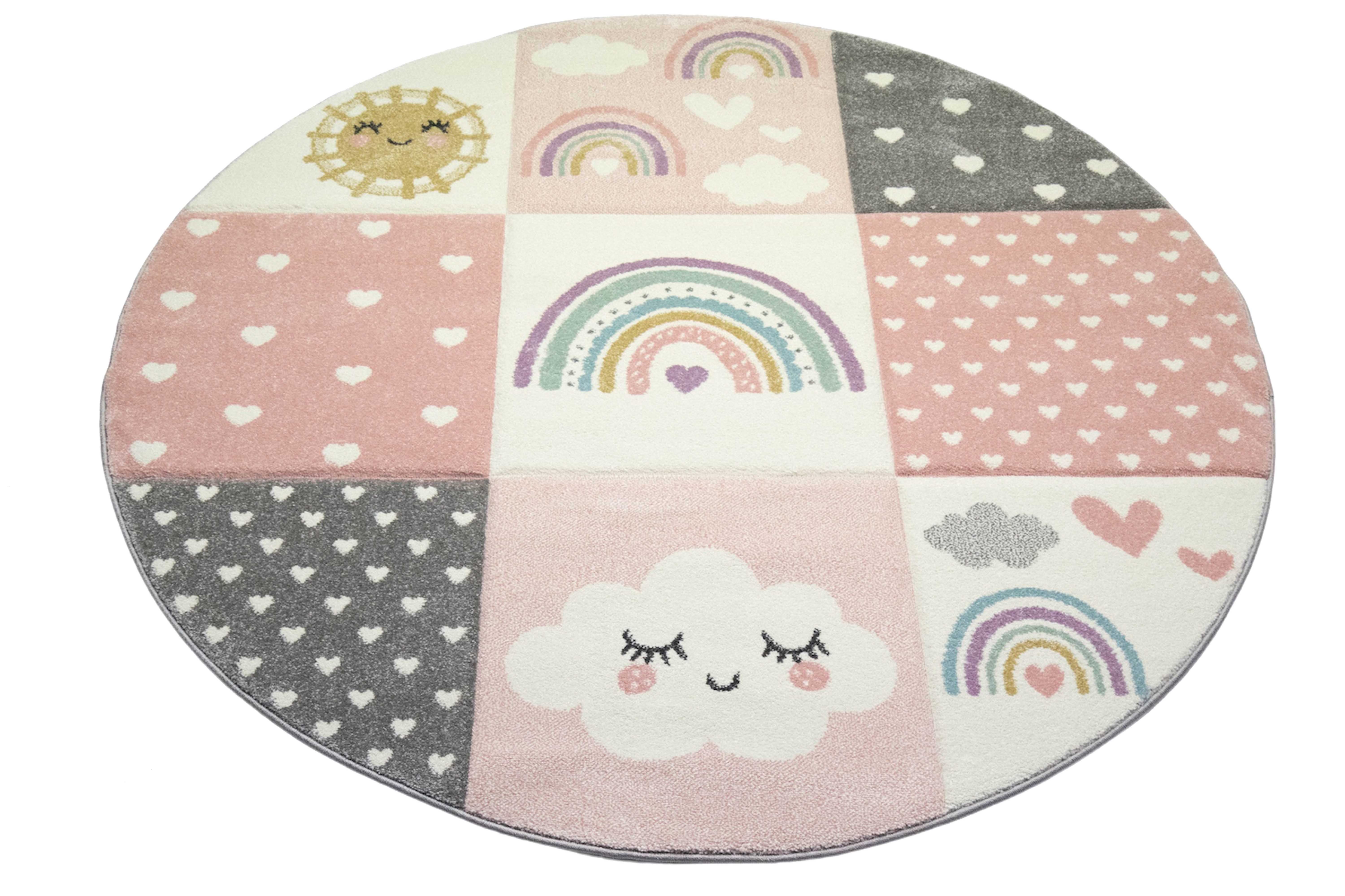 Kinderteppich Kinderzimmer Teppich Spielteppich Regenbogen Punkte Herzchen Wolken rosa creme grau, Teppich-Traum, rechteckig, Höhe: 13 mm