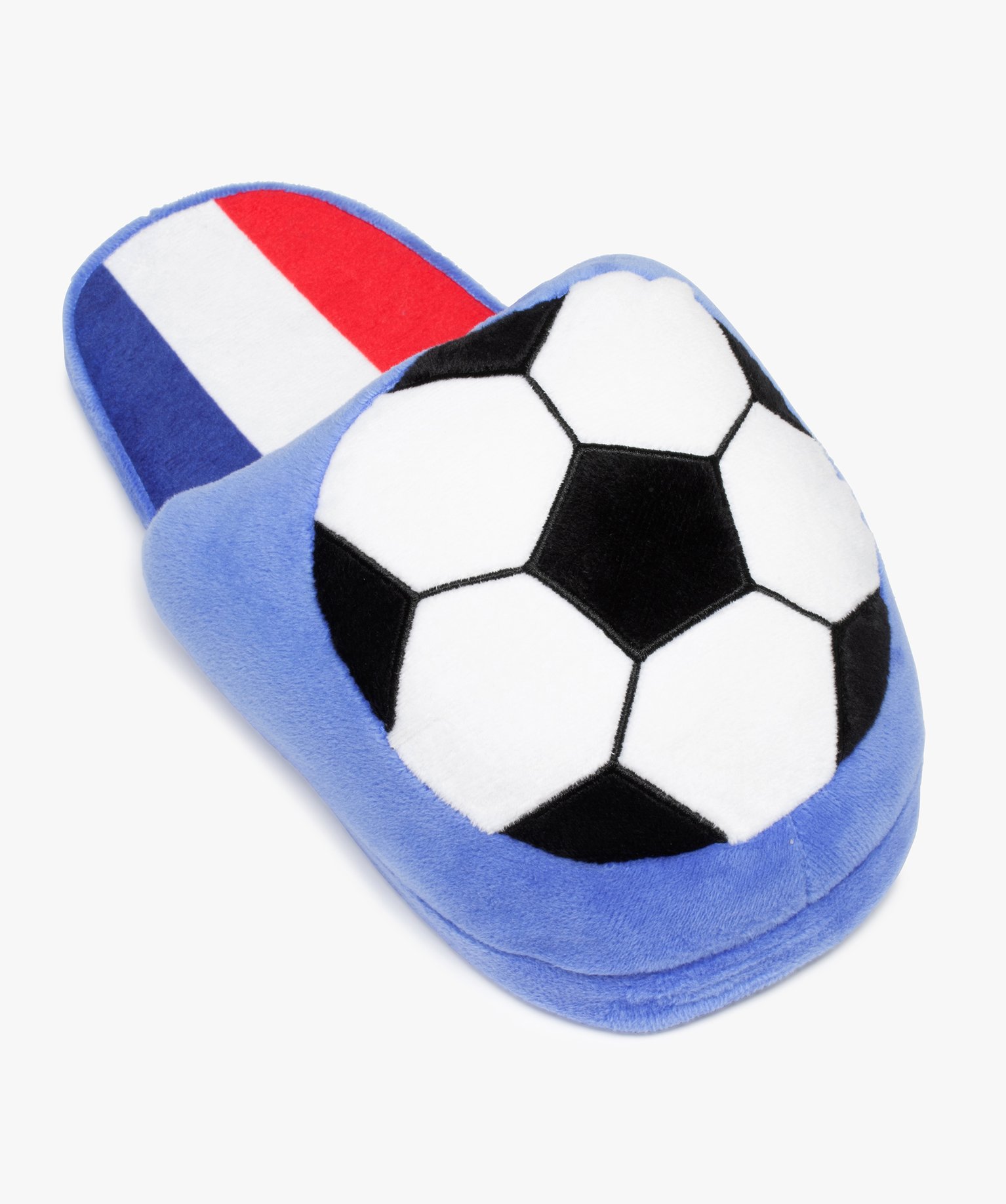Chaussons homme mules plates en velours ballon de foot bleu | GEMO