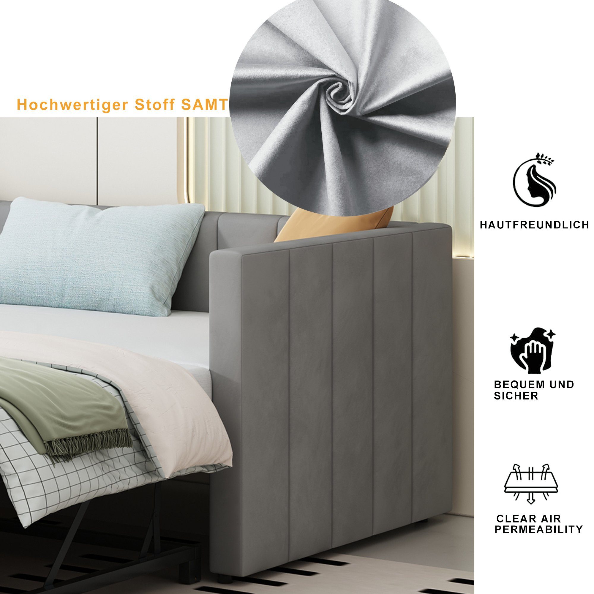 SOFTWEARY Schlafsofa Ausziehbett mit Bettfunktion, inkl. Lattenrost, 90x200 cm/180x200 cm, Samt