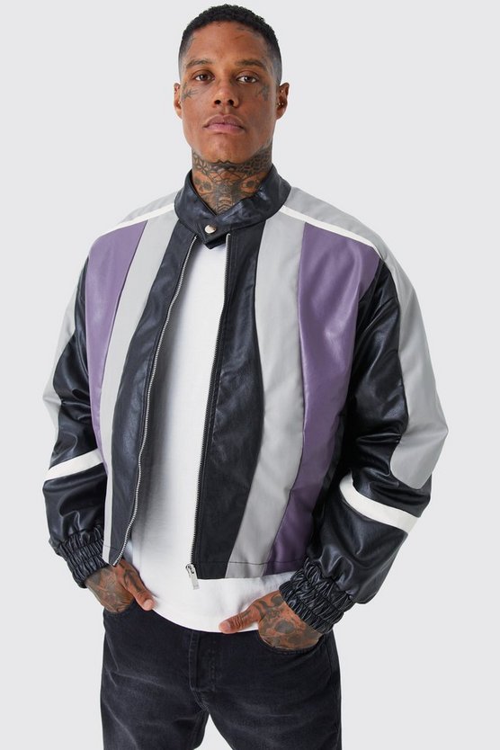 Kastige PU Moto-Jacke mit Trichterkragen