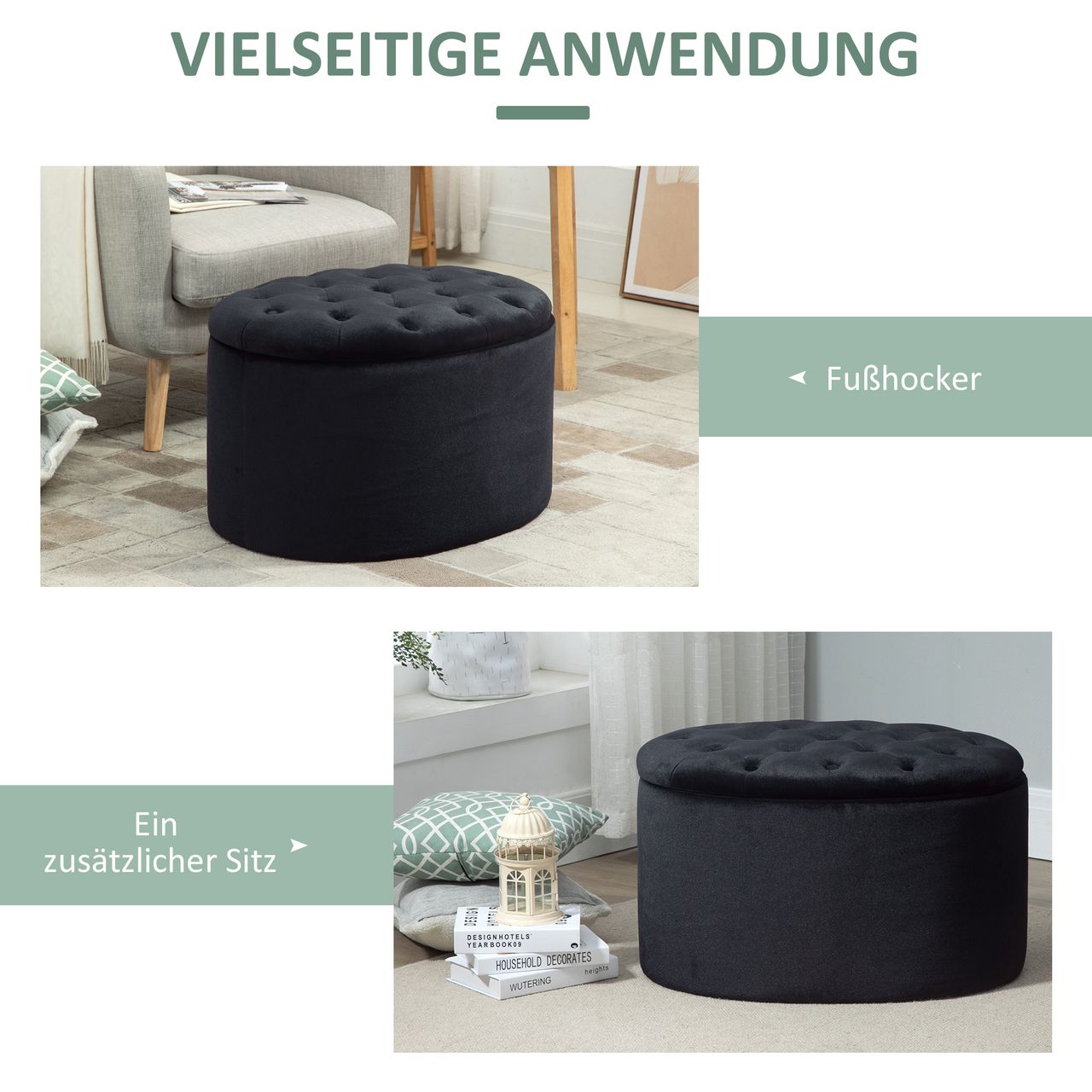 HOMCOM Sitzbank Polsterbank mit Stauraum Truhenbank Ovale Form Flur Schlafzimmer Wohnzimmer samtartiges Polyester Gummiholz Schwarz 71 x 52 x 42 cm