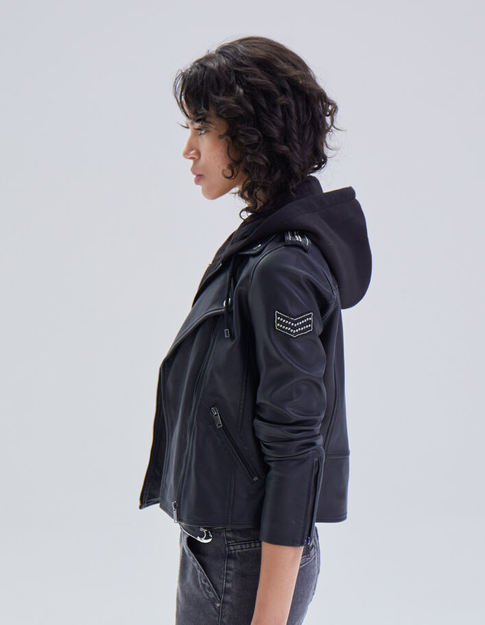 Blouson noir en cuir d'agneau à capuche amovible femme
