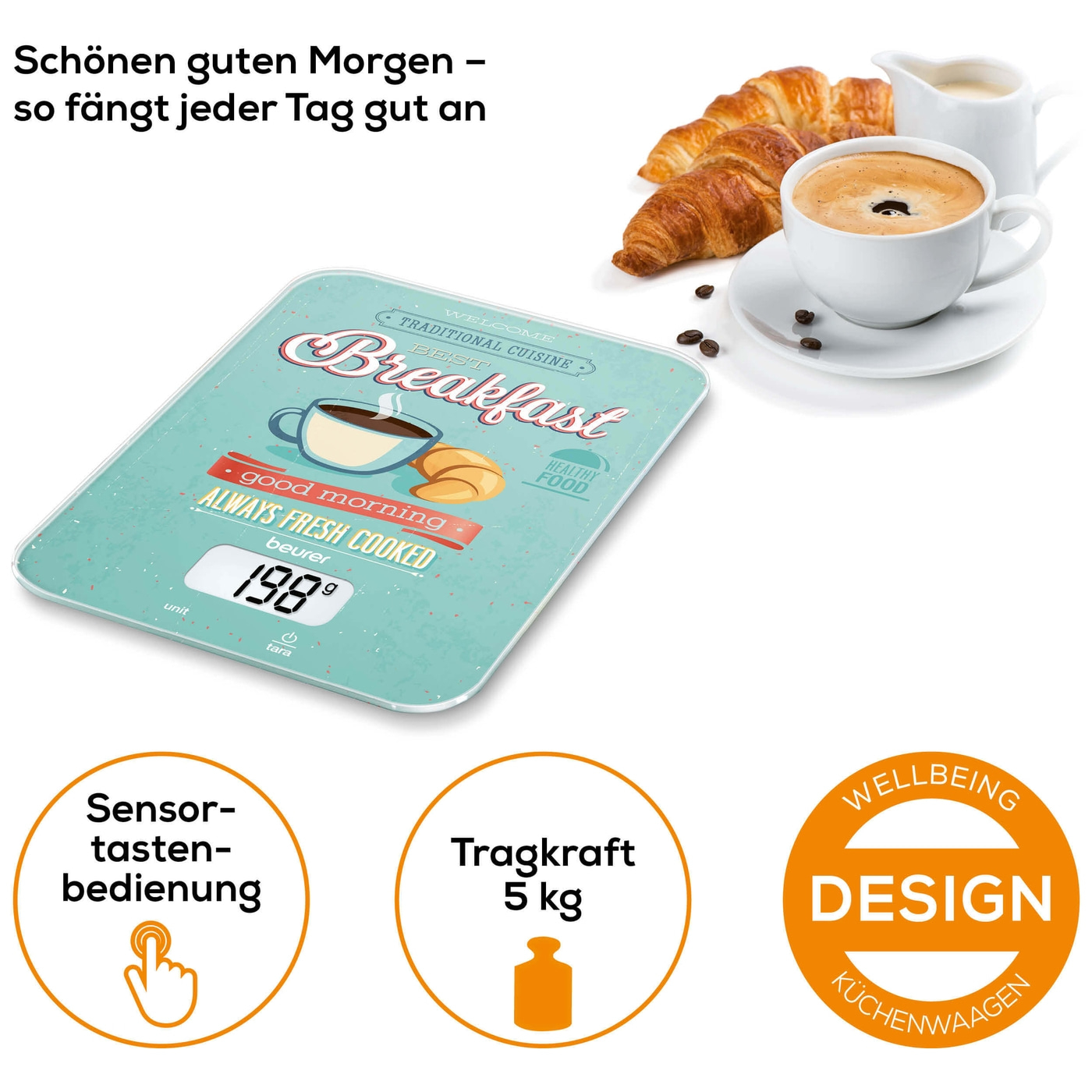 Beurer Küchenwaage KS 19 Breakfast-Küchenwaage mit stylischer Glasoberfläche & Tarafunktion
