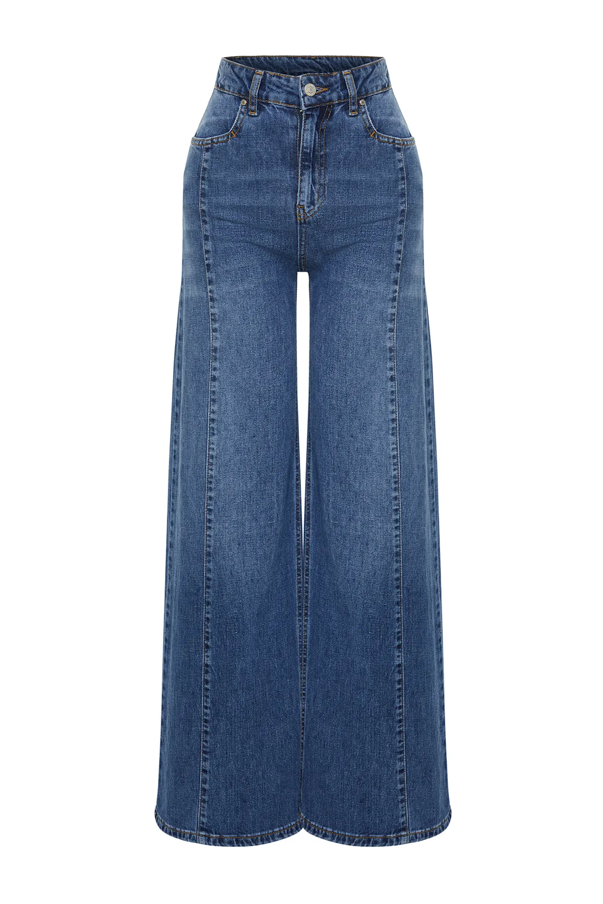 Trendyol Collection  Blaue, nachhaltigere Nahtdetaillierte Jeans mit weitem Bein und hoher Taille TWOSS24JE00116