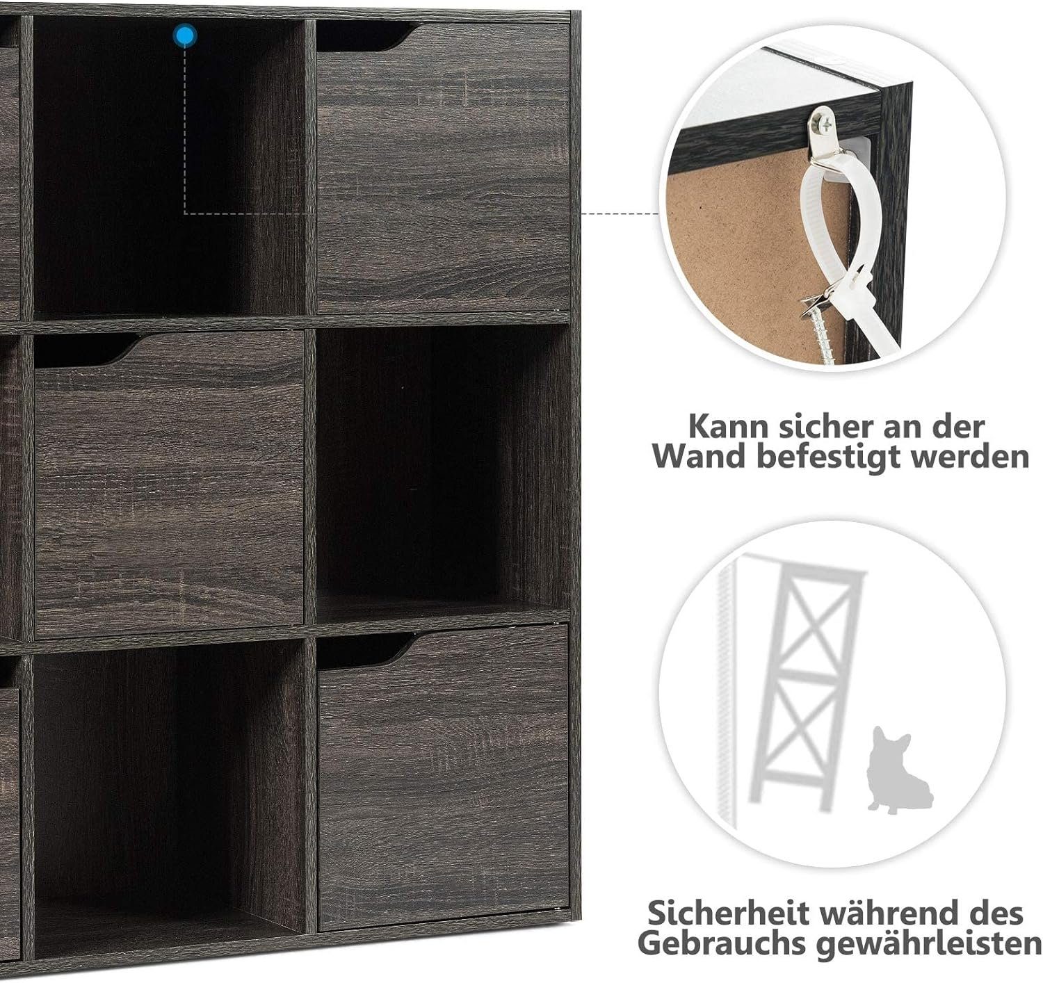 KOMFOTTEU Bücherregal Würfelregal mit 9 Fächern & 5 Türen, 90x29x90cm, grau