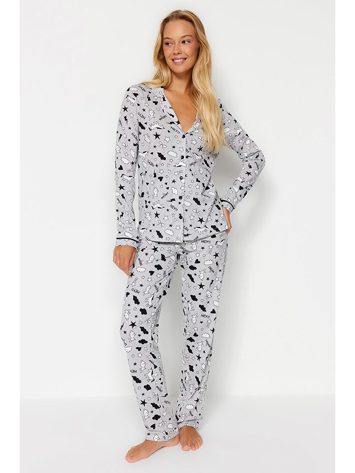 trendyol Pyjama in Grau/ Weiß/ Schwarz günstig kaufen