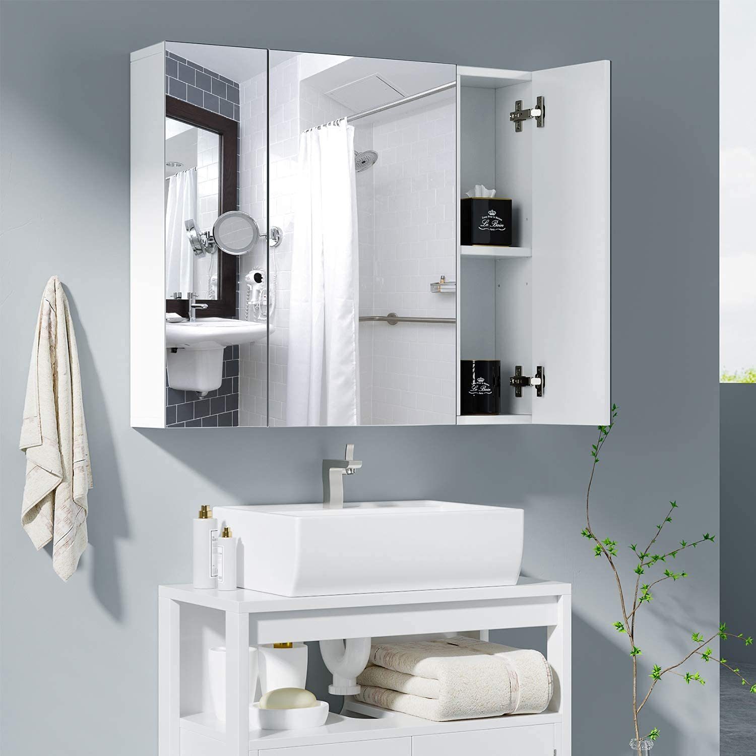 Homfa Spiegelschrank Badezimmerschrank mit 3 Türen, Weiß, 70x60x15cm, Holz