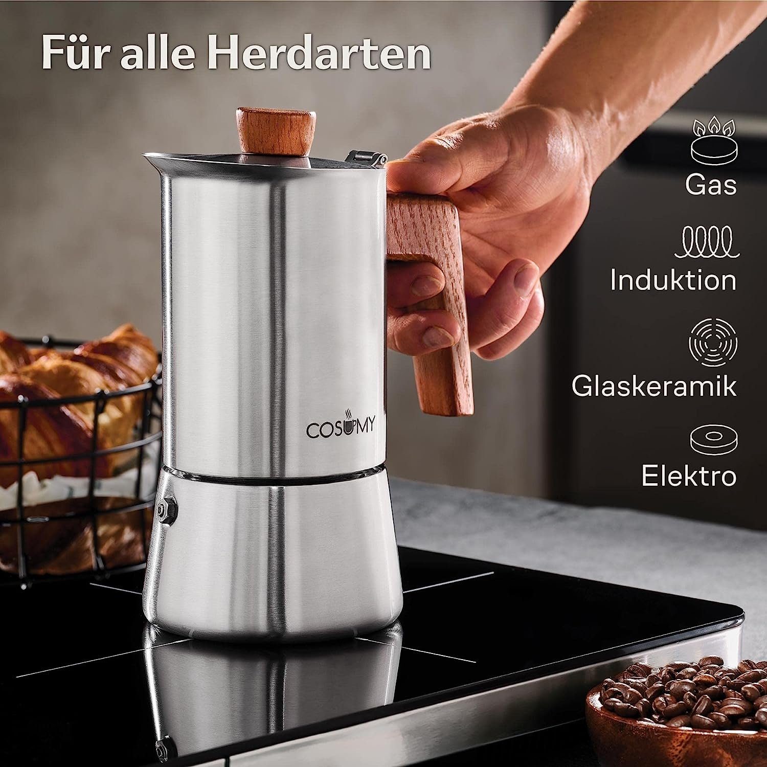 Cosumy Espressokocher Espressokocher 300ml mit Holzgriff, Induktionsgeeignet, FSC-zertifiziertes Eichenholz