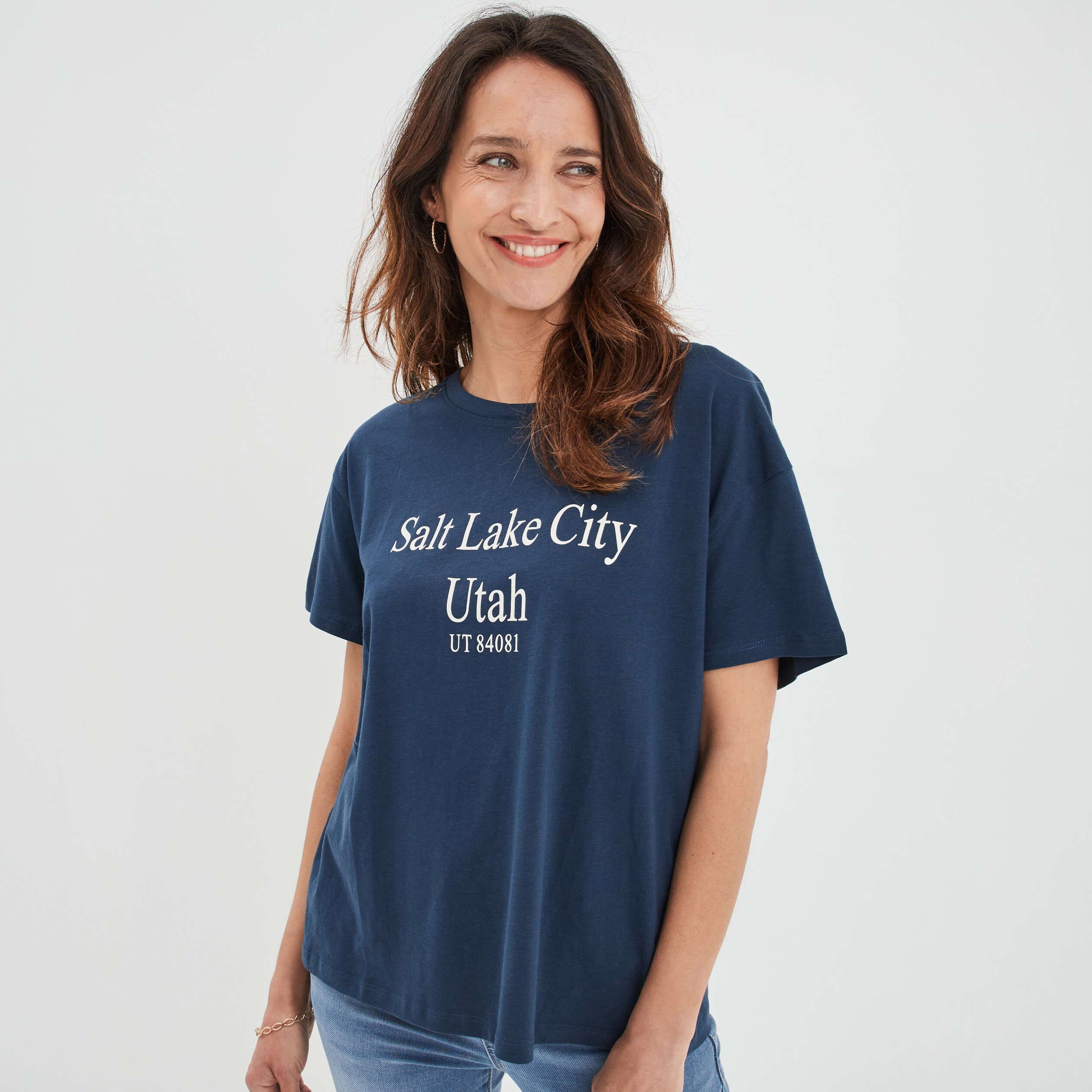 T-shirt col rond manches courtes coton bleu pétrole femme | La Halle