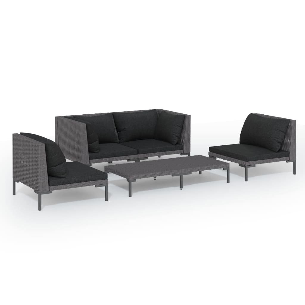 vidaXL Gartenlounge-Set 5-tlg. Garten-Lounge-Set mit Kissen Poly Rattan Dunkelgrau, (1-tlg)