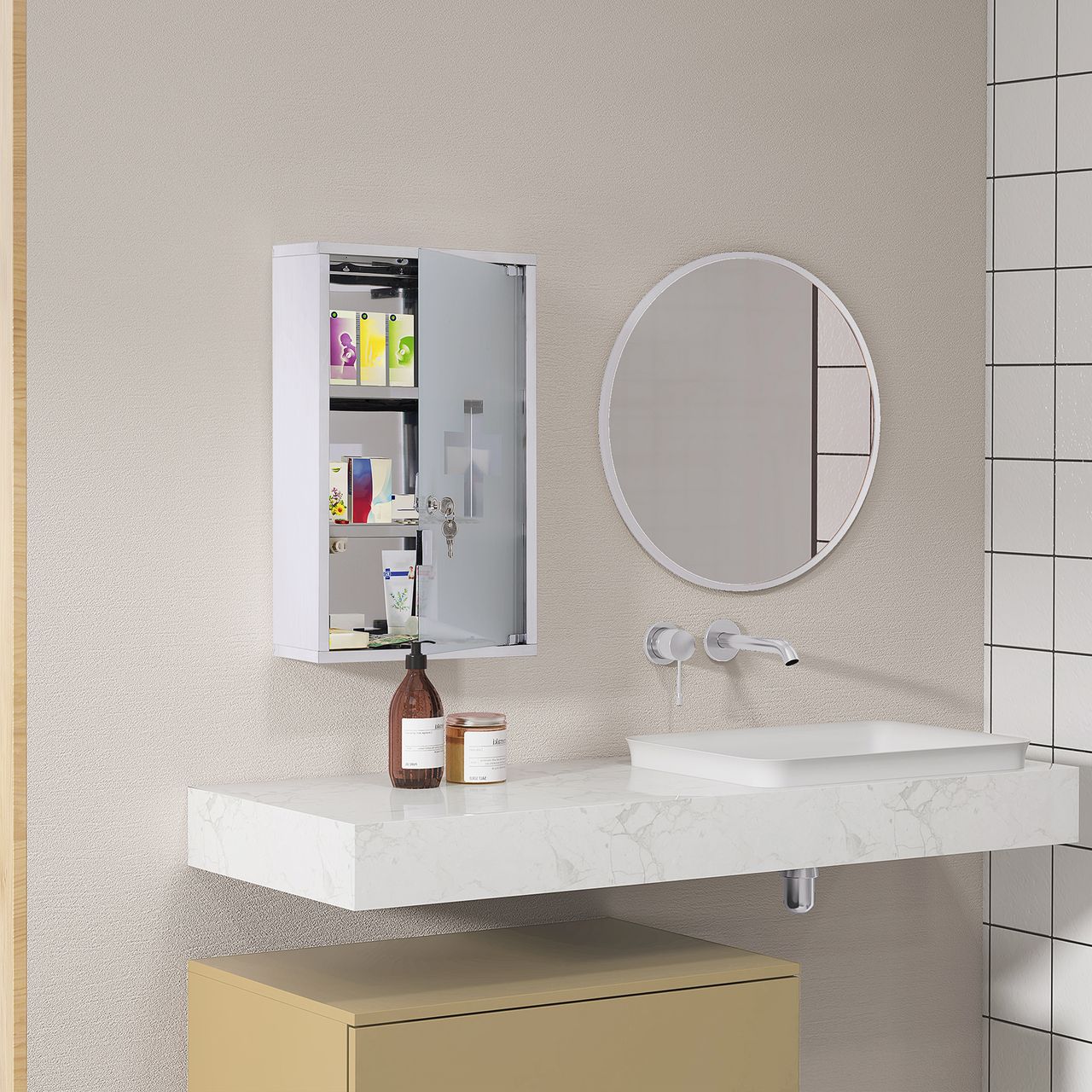 HOMCOM Medizinschrank Arzneischrank Erste Hilfe Schrank mit Schloss Edelstahl 30 x 18 x 50 cm