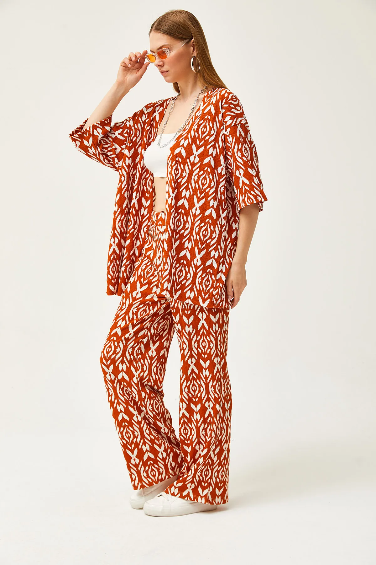 Olalook  Damen Zimt Oberteil Kimono Unterteil Hose Gemusterter Anzug TKM-19000279