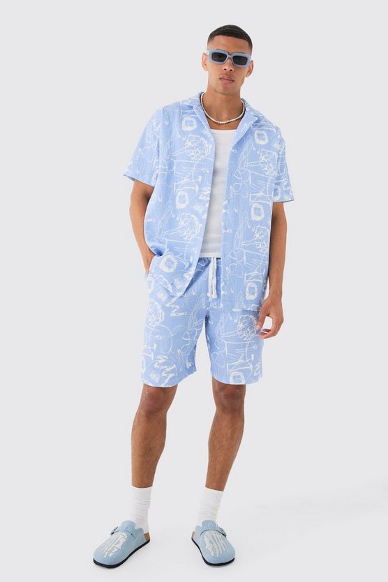 Oversized Graffiti Printed Pleated Shirt & Short