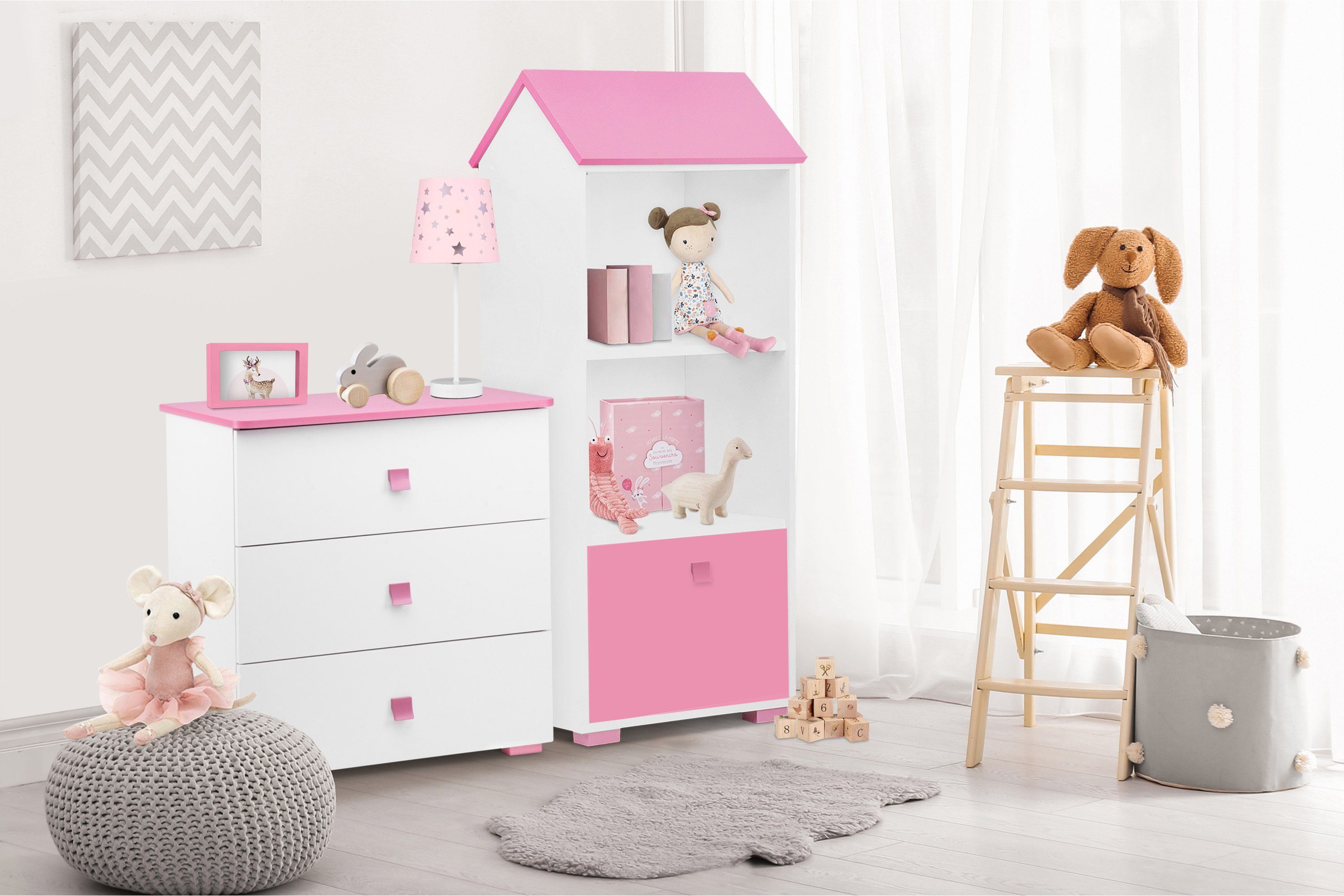 Konsimo Kinderregal PABIS Kinder Bücherregal Hausform, geräumig, in Pastellfarben, ABS-Kanten