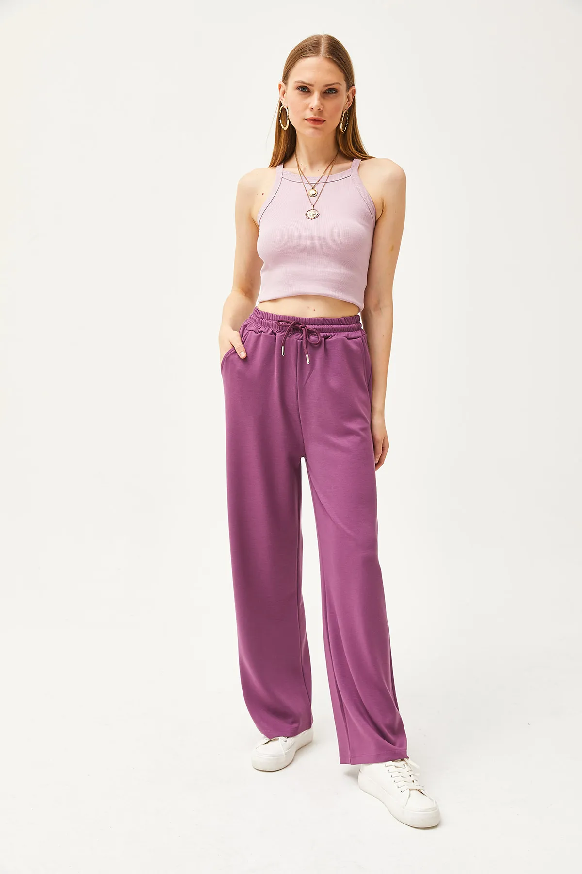 Olalook  Damen-Palazzo-Jogginghose aus weichem, strukturiertem Modal in Lila mit Taschen EŞF-00000068